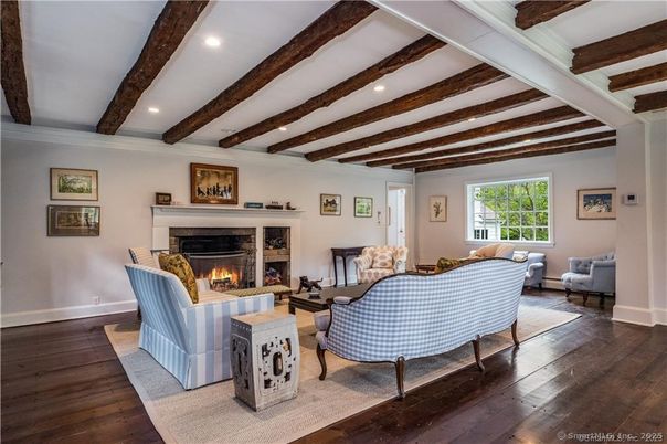 Fireplace, Interior, Living room, Recessed Lighting, Wooden Beams, Wood Texture Flooring