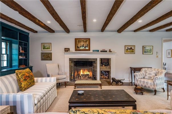 Fireplace, Interior, Living room, Recessed Lighting, Wooden Beams