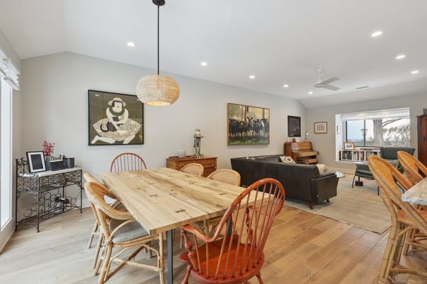 Dining room, Interior, Living room, Pendant Lights, Recessed Lighting, Wood Texture Flooring