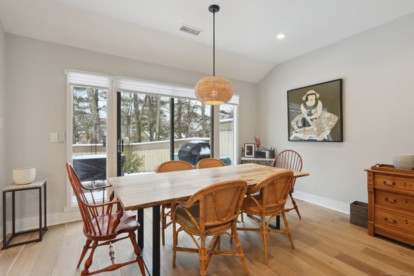 Dining room, Interior, Pendant Lights, Recessed Lighting, Wood Texture Flooring