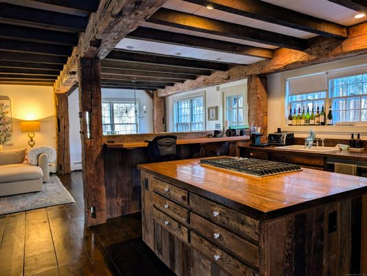 Interior, Kitchen, Recessed Lighting, Wooden Beams, Wood Texture Flooring