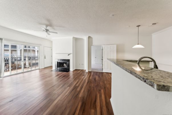 Fireplace, Interior, Kitchen, Pendant Lights, Wood Texture Flooring