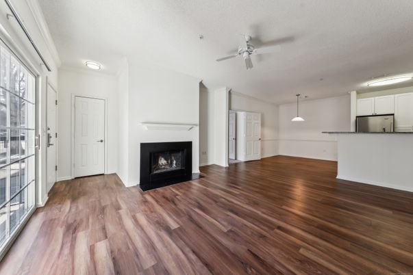 Empty room, Fireplace, Interior, Kitchen, Pendant Lights, Wood Texture Flooring