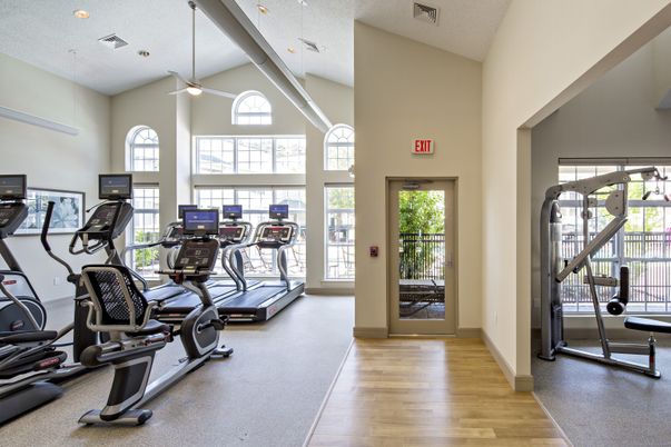 Fitness Equipment, Gym, Interior, Recessed Lighting, Wood Texture Flooring