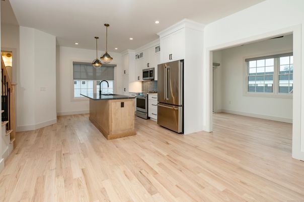 Interior, Kitchen, Pendant Lights, Recessed Lighting, Stainless Steel Appliances, Wood Texture Flooring
