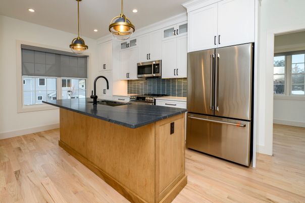 Interior, Kitchen, Pendant Lights, Recessed Lighting, Stainless Steel Appliances, Wood Texture Flooring