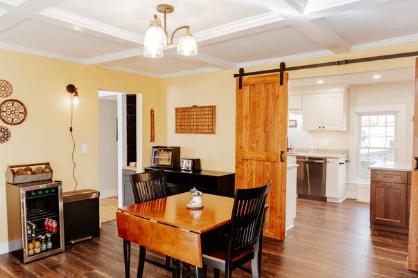 Dining room, Interior, Kitchen, Recessed Lighting, Wood Texture Flooring