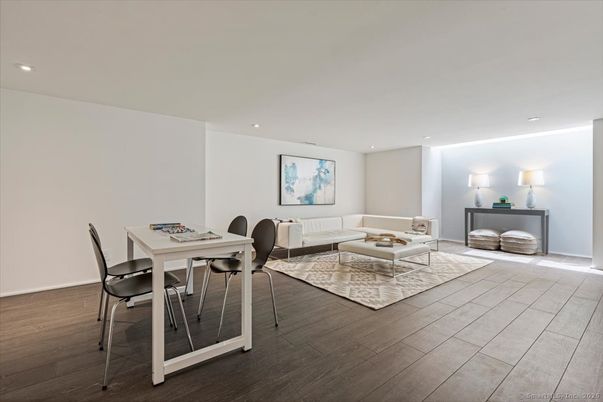 Dining room, Interior, Living room, Recessed Lighting, Wood Texture Flooring
