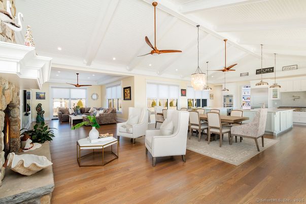 Dining room, Fireplace, Interior, Kitchen, Living room, Pendant Lights, Recessed Lighting, Wood Texture Flooring