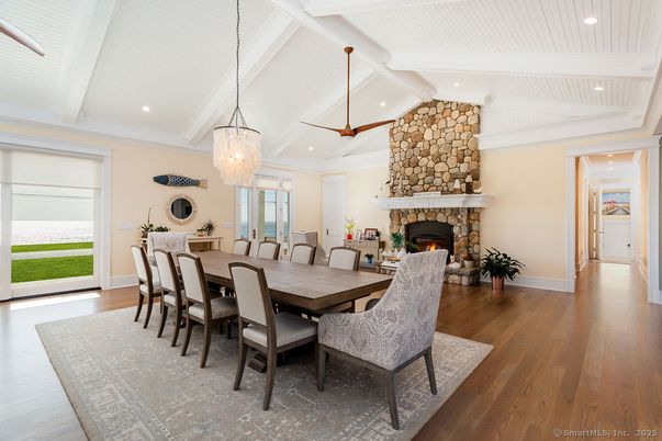 Chandelier, Dining room, Fireplace, Interior, Pendant Lights, Recessed Lighting, Wood Texture Flooring