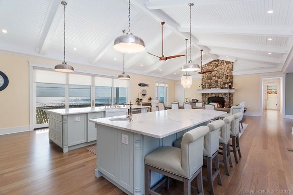 Fireplace, Interior, Kitchen, Living room, Pendant Lights, Recessed Lighting, Wood Texture Flooring