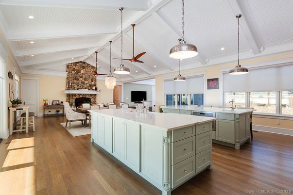 Fireplace, Interior, Kitchen, Living room, Pendant Lights, Recessed Lighting, Stone Walls, Wood Texture Flooring