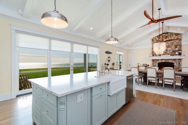 Dining room, Fireplace, Interior, Kitchen, Living room, Pendant Lights, Recessed Lighting, Stone Walls, Wood Texture Flooring