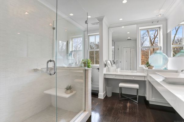 Bathroom, Glass Shower, Interior, Recessed Lighting, Wood Texture Flooring
