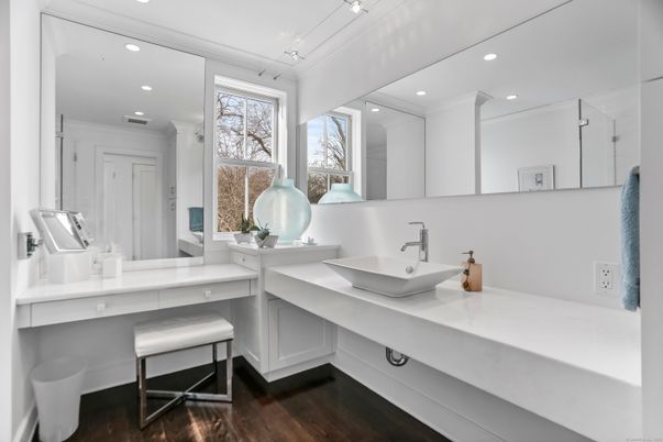 Bathroom, Dual Sink Vanities, Interior, Recessed Lighting, Wood Texture Flooring