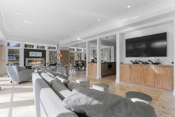 Dining room, Fireplace, Interior, Living room, Pendant Lights, Recessed Lighting
