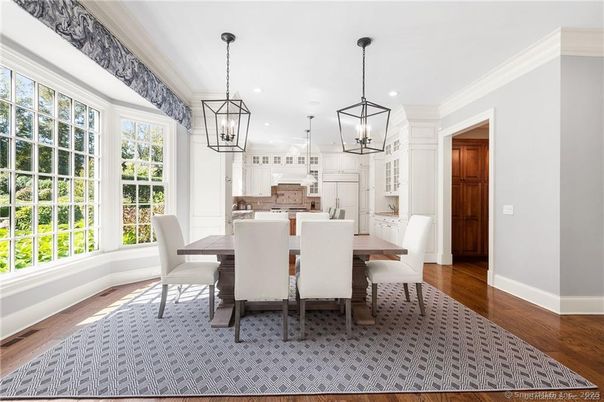 Dining room, Interior, Kitchen, Pendant Lights, Recessed Lighting, Wood Texture Flooring