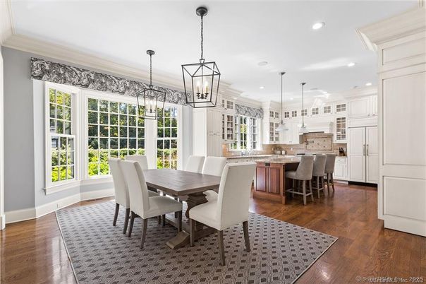 Dining room, Interior, Kitchen, Pendant Lights, Recessed Lighting, Wood Texture Flooring