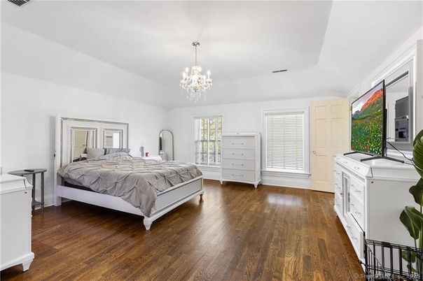 Bedroom, Chandelier, Interior, Wood Texture Flooring