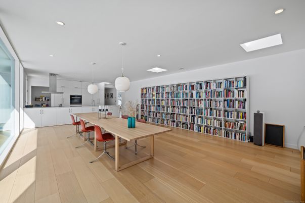 Dining room, Interior, Kitchen, Pendant Lights, Recessed Lighting, Wood Texture Flooring