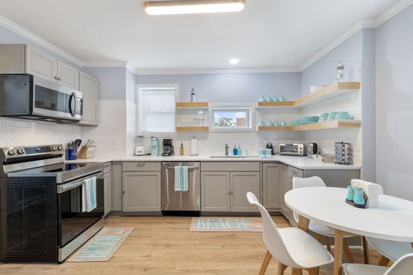 Dining room, Interior, Kitchen, Recessed Lighting, Stainless Steel Appliances, Wood Texture Flooring