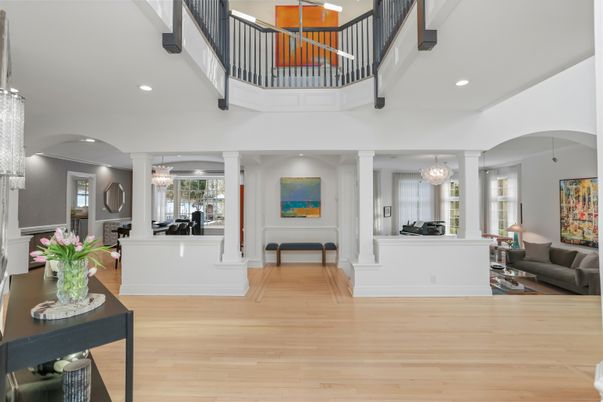 Chandelier, Dining room, Interior, Living room, Pendant Lights, Recessed Lighting, Wood Texture Flooring