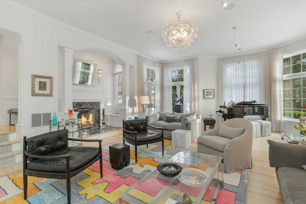 Chandelier, Fireplace, Interior, Living room, Piano, Recessed Lighting, Wood Texture Flooring