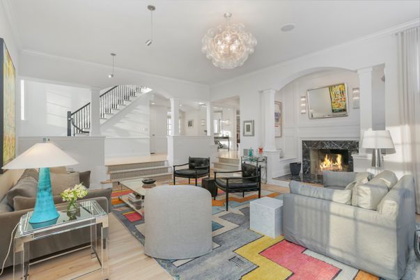 Chandelier, Fireplace, Interior, Living room, Recessed Lighting, Wood Texture Flooring