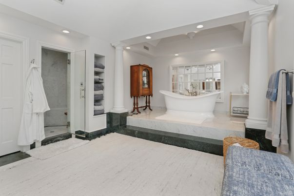 Bathroom, Free Standing Baths, Interior, Marble Walls, Recessed Lighting