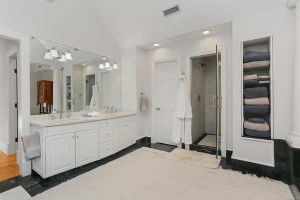 Bathroom, Dual Sink Vanities, Glass Shower, Interior, Recessed Lighting, Wood Texture Flooring
