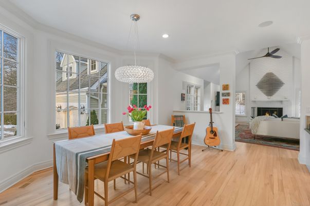 Dining room, Fireplace, Interior, Living room, Pendant Lights, Recessed Lighting, Wood Texture Flooring