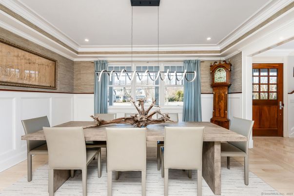 Dining room, Interior, Pendant Lights, Recessed Lighting, Wood Texture Flooring