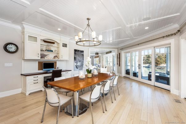 Chandelier, Home Office, Interior, Recessed Lighting, Wood Texture Flooring
