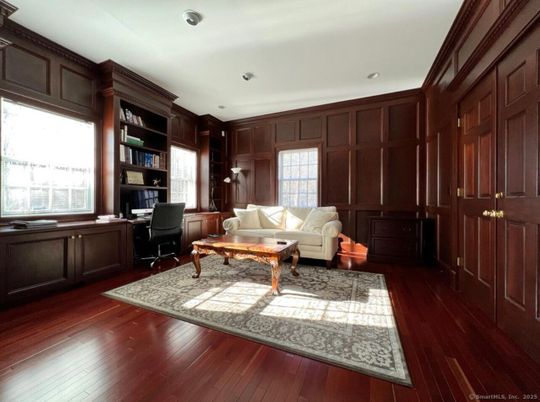 Home Office, Interior, Recessed Lighting, Wood Texture Flooring, Wooden Walls