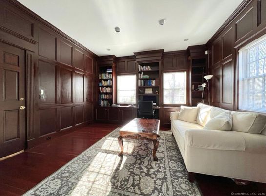 Home Office, Interior, Living room, Recessed Lighting, Wood Texture Flooring, Wooden Walls