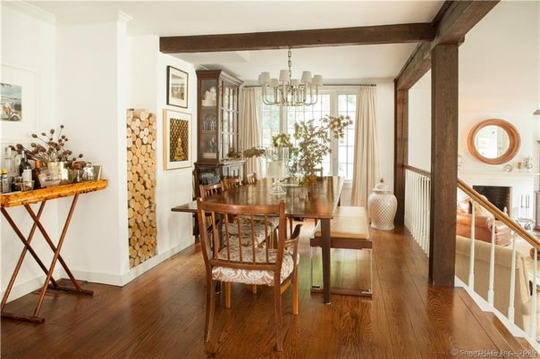 Chandelier, Dining room, Interior, Wooden Beams, Wood Texture Flooring
