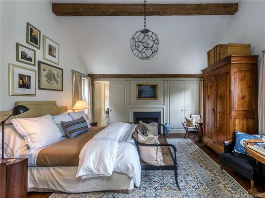 Bedroom, Fireplace, Interior, Pendant Lights, Wooden Beams, Wood Texture Flooring