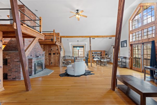 Dining room, Fireplace, Interior, Stone Walls, Wood Texture Flooring