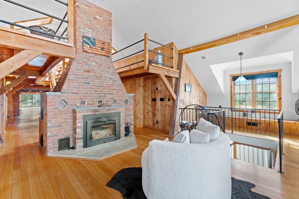 Fireplace, Interior, Living room, Pendant Lights, Stone Walls, Wooden Beams, Wood Texture Flooring, Wooden Walls