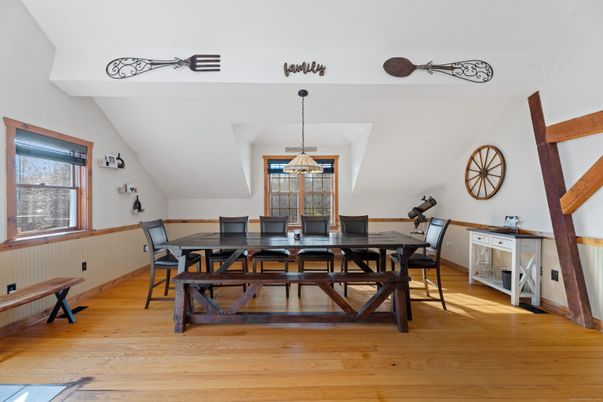 Dining room, Interior, Pendant Lights, Wood Texture Flooring