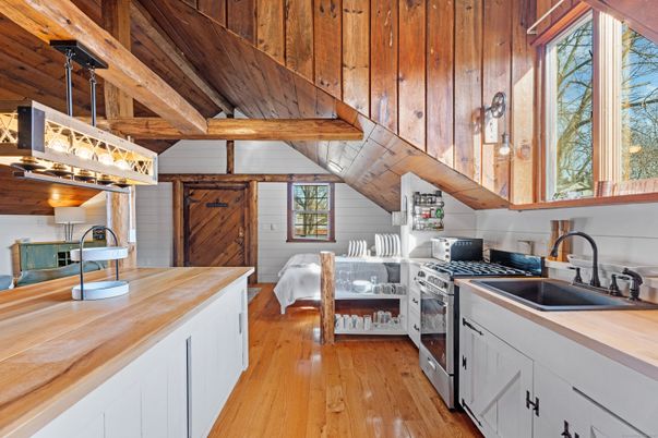Interior, Kitchen, Pendant Lights, Stainless Steel Appliances, Wooden Beams, Wooden Ceilings, Wood Texture Flooring
