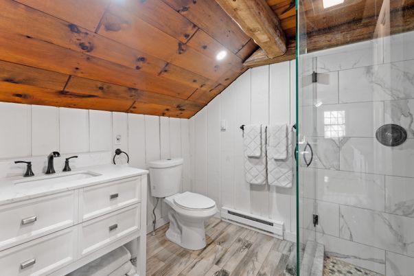 Bathroom, Glass Shower, Interior, Recessed Lighting, Wooden Beams, Wooden Ceilings, Wood Texture Flooring