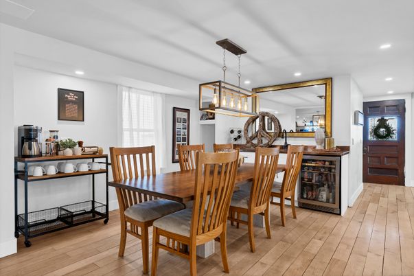 Dining room, Interior, Pendant Lights, Recessed Lighting, Wood Texture Flooring