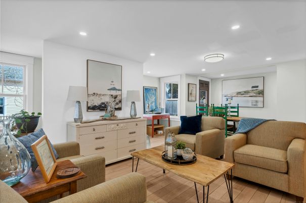 Dining room, Interior, Living room, Recessed Lighting, Wood Texture Flooring