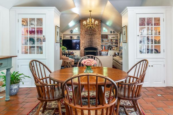 Chandelier, Dining room, Fireplace, Interior