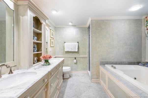 Bathroom, Dual Sink Vanities, Glass Shower, Interior, Marble, Recessed Lighting