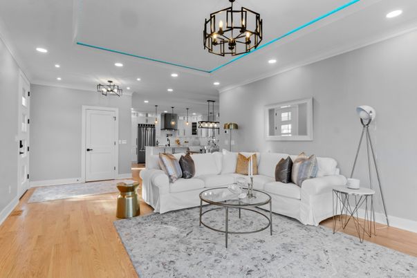 Chandelier, Interior, Kitchen, Living room, Pendant Lights, Recessed Lighting, Stainless Steel Appliances, Wood Texture Flooring