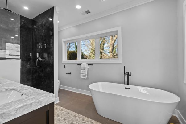 Bathroom, Free Standing Baths, Glass Shower, Interior, Recessed Lighting