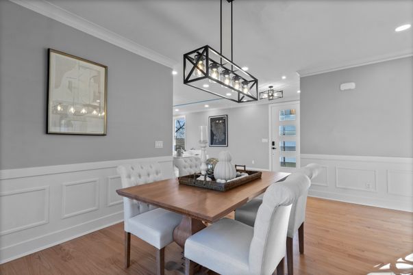 Dining room, Interior, Pendant Lights, Recessed Lighting, Wood Texture Flooring