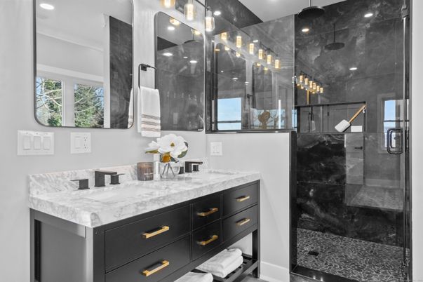 Bathroom, Dual Sink Vanities, Glass Shower, Interior, Recessed Lighting